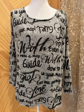 Gray with black Script Print Long Sleeve Knit Top
